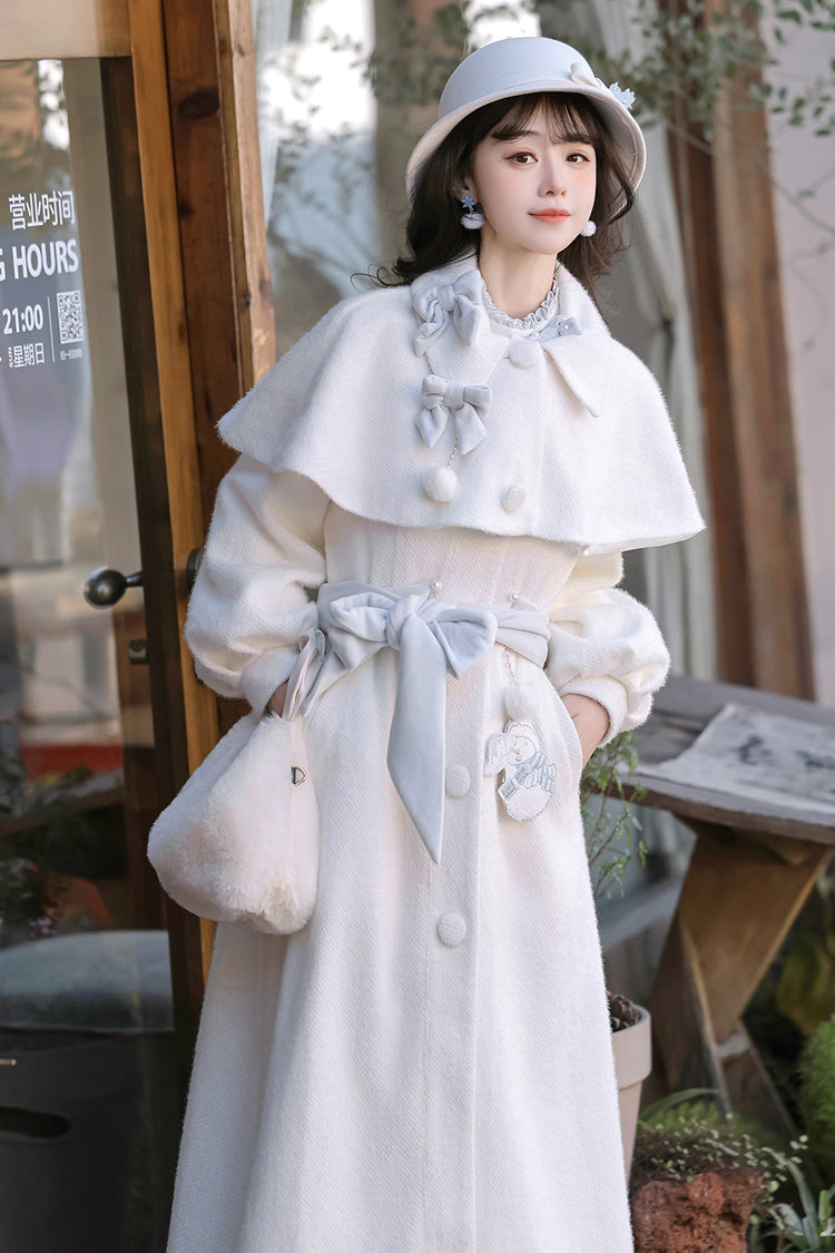 White/Blue Sunny Sky Snow Doll Long Sleeves Embroidered Bow Sweet Elegant Lolita Skirt Coat Set