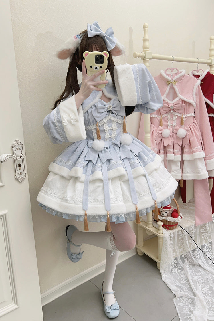 Blue Snow Rabbit Long Sleeves Ruffle Bowknot Fake Two Pieces Sweet Lolita Dress