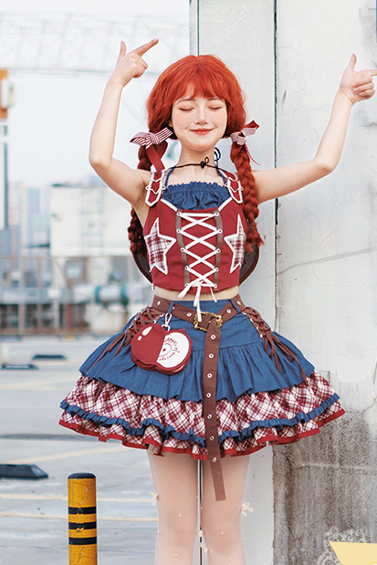 Red/Blue Apple Trap Triple-Layered Print Ruffle Lace-Up Sweet Lolita Jsk Dress Two-piece Set