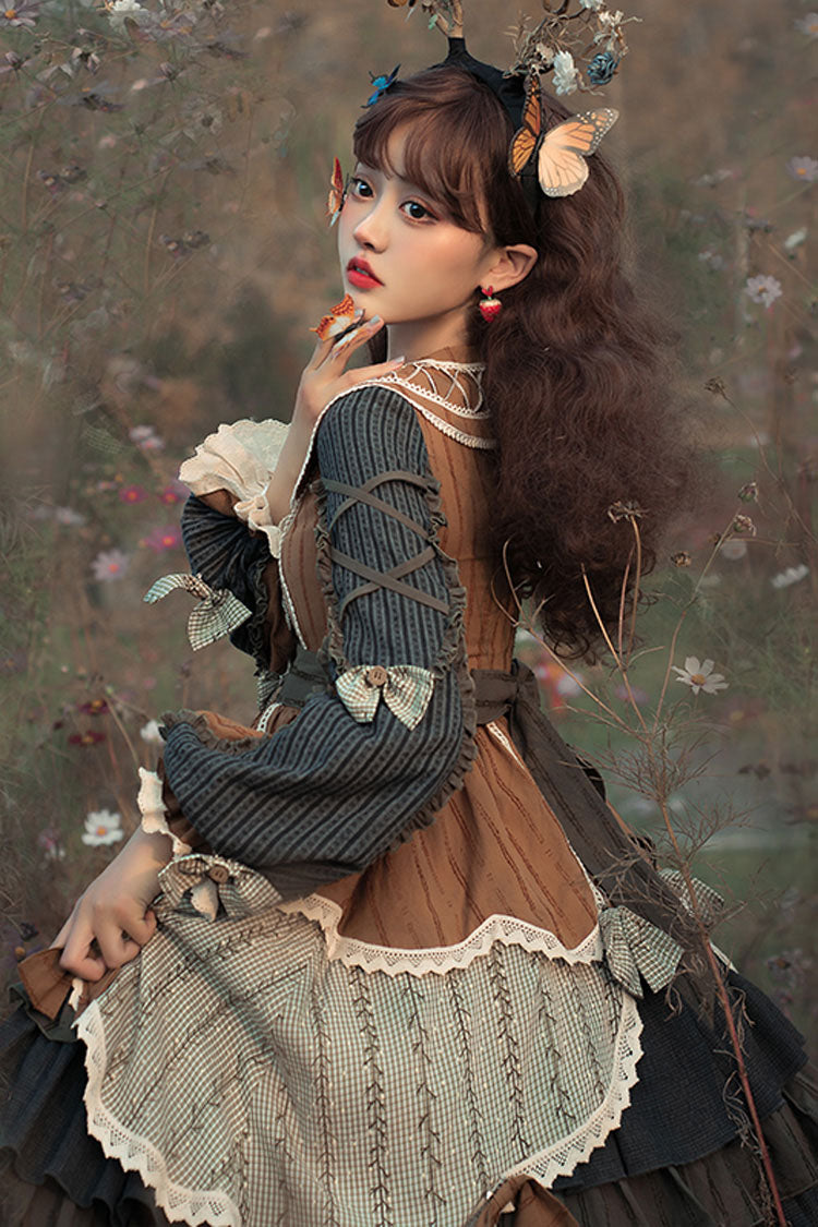 Multi-Color Retro Pastoral Style Stitching Color Ruffled Tiered Classic Lolita Op Dress (Belt is included)