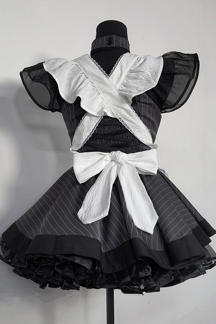 Grey Stripe Print Ruffle Bowknot Gothic Japanese Maid Lolita Dress