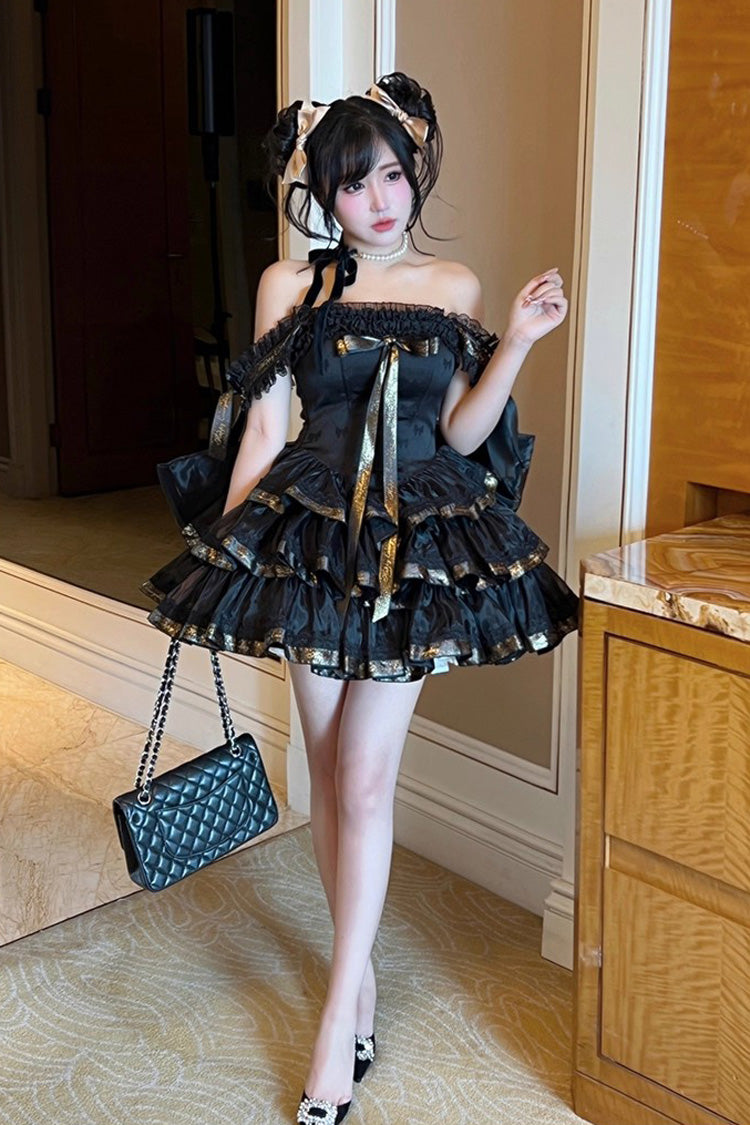 Black Princess Ribbon Off Shoulder Triple-Layered Ruffle Bowknot Sweet Lolita Dress
