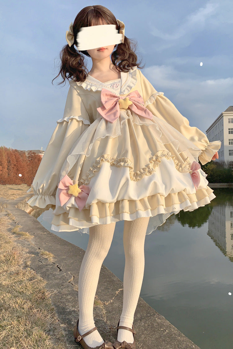 Pray Star Long Sleeves Double-Layered Ruffle Bowknot Stitching Lace Sweet Lolita Dress 5 Colors