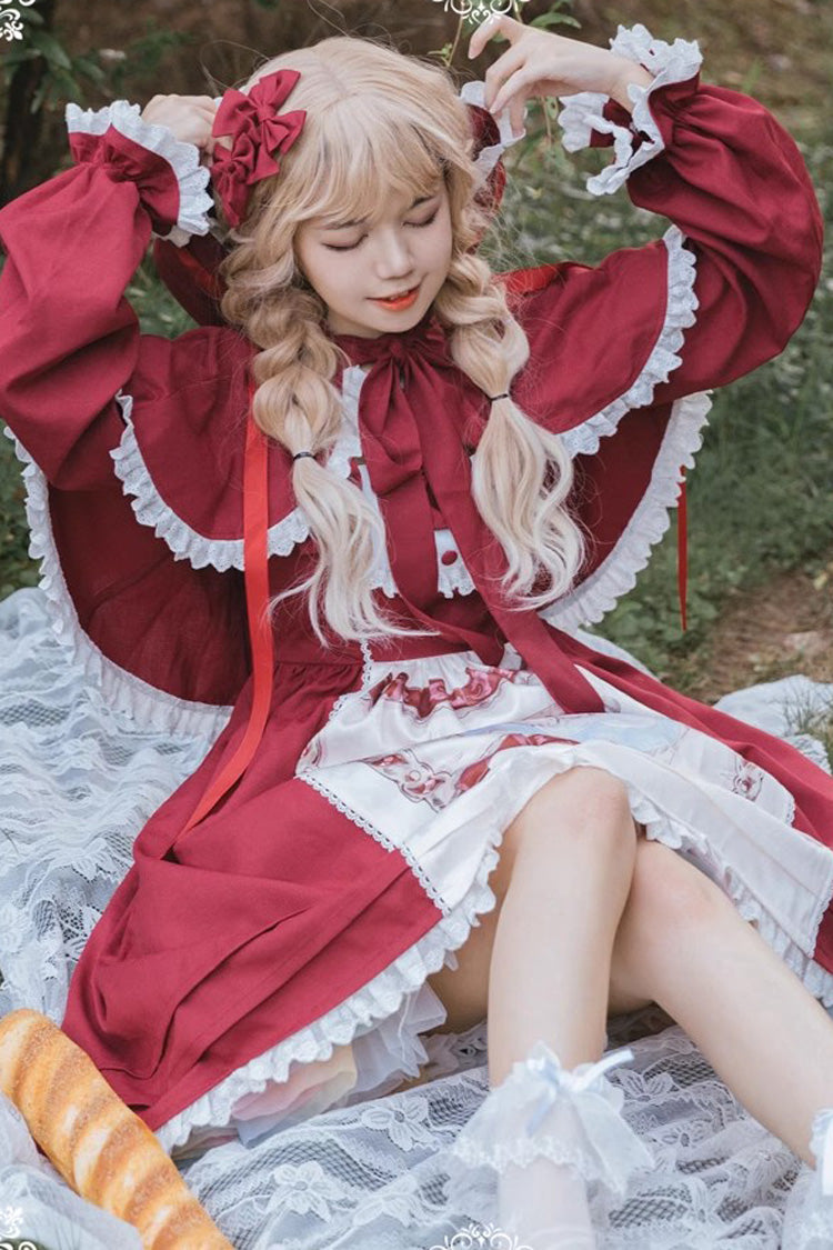 Red Little Red Riding Hood Sleeveless Print Ruffle Bowknot Sweet Princess Lolita Jsk Dress