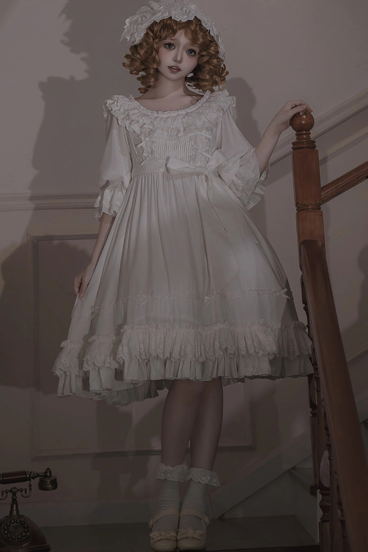 White Good Morning Short Sleeves Ruffle Bowknot Lace-Up Gothic Lolita Dress