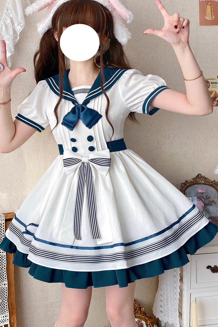 White/Green Navy Collar Short Sleeves Ruffle Bowknot Sweet Lolita Dress