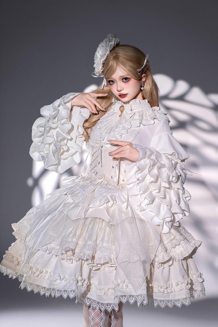 White The Angel of Good and Evil Multi-Layered Ruffled Lace Sweet Elegant Lolita Skirt (Corset Belt Included)