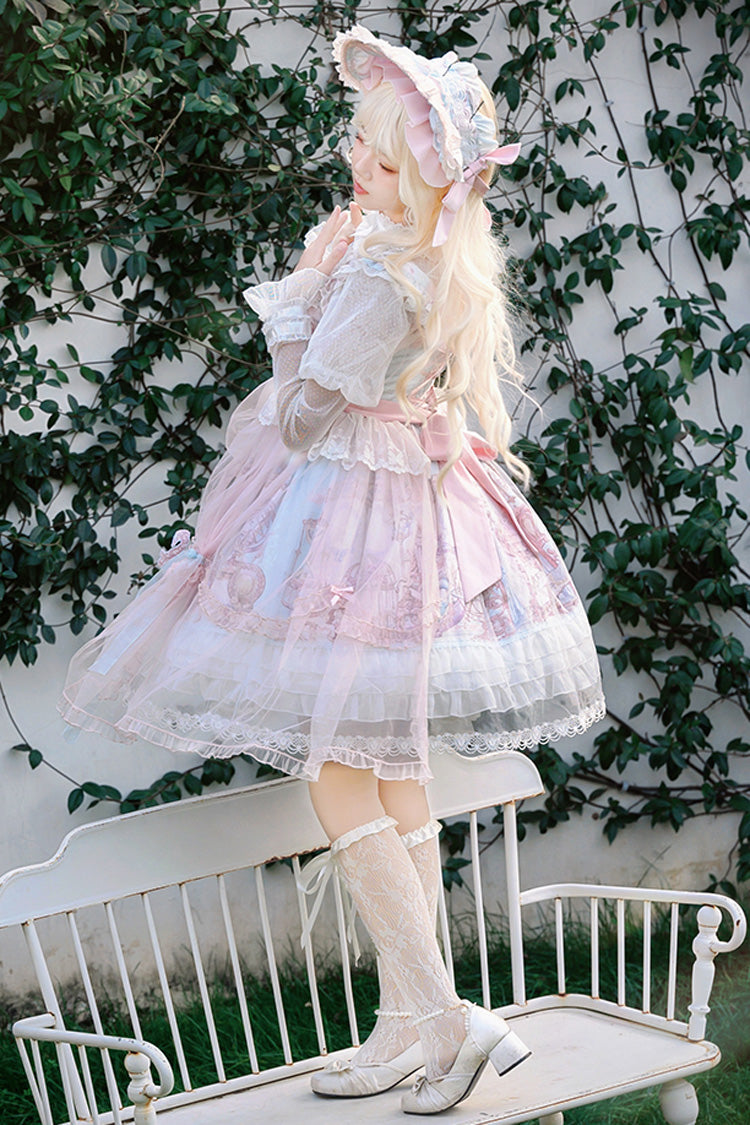 Pink/Blue Pegasus Park Multi-Layered Print Ruffle Bowknot Lace Sweet Gorgeous Lolita Jsk Dress
