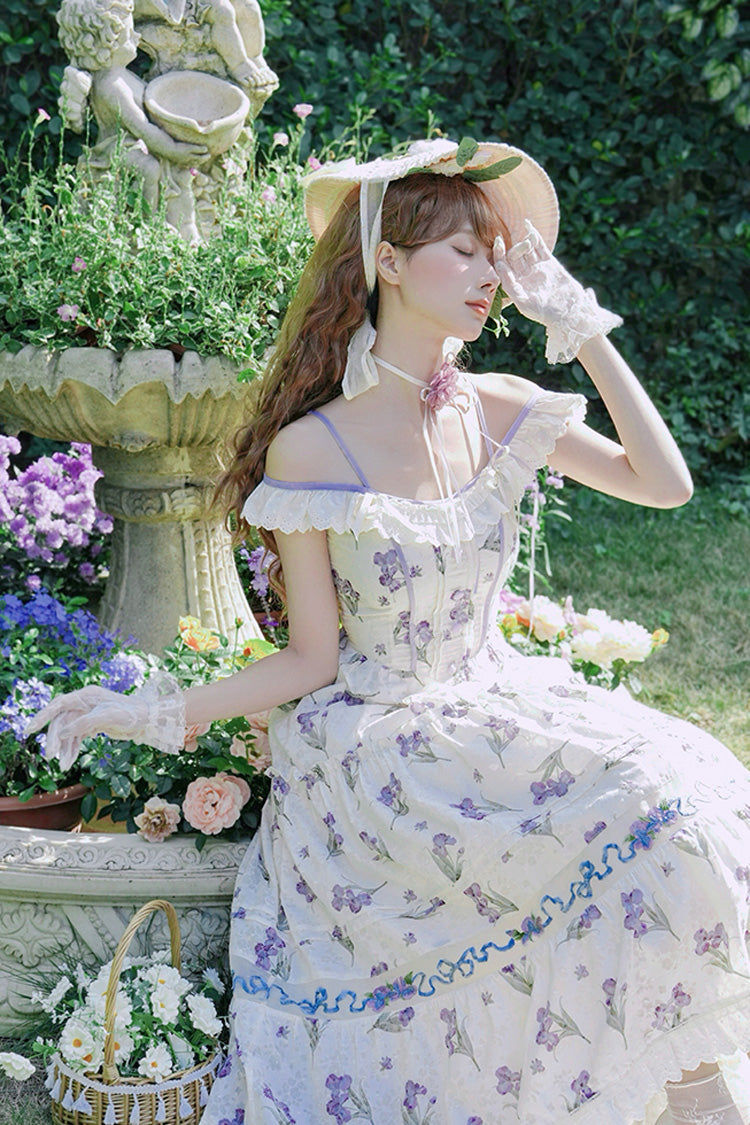 Ivory Moonlight Iris Off Shoulder Print Ruffle Embroidery Lace Sweet Lolita Jsk Dress