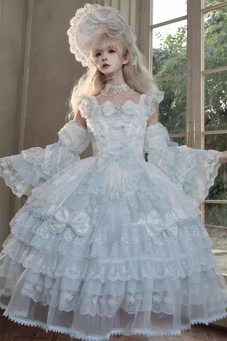 Blue Prelude of Spring Sleeveless Multi-Layered Ruffled Bow Lace Sweet Princess Lolita Jsk Dress