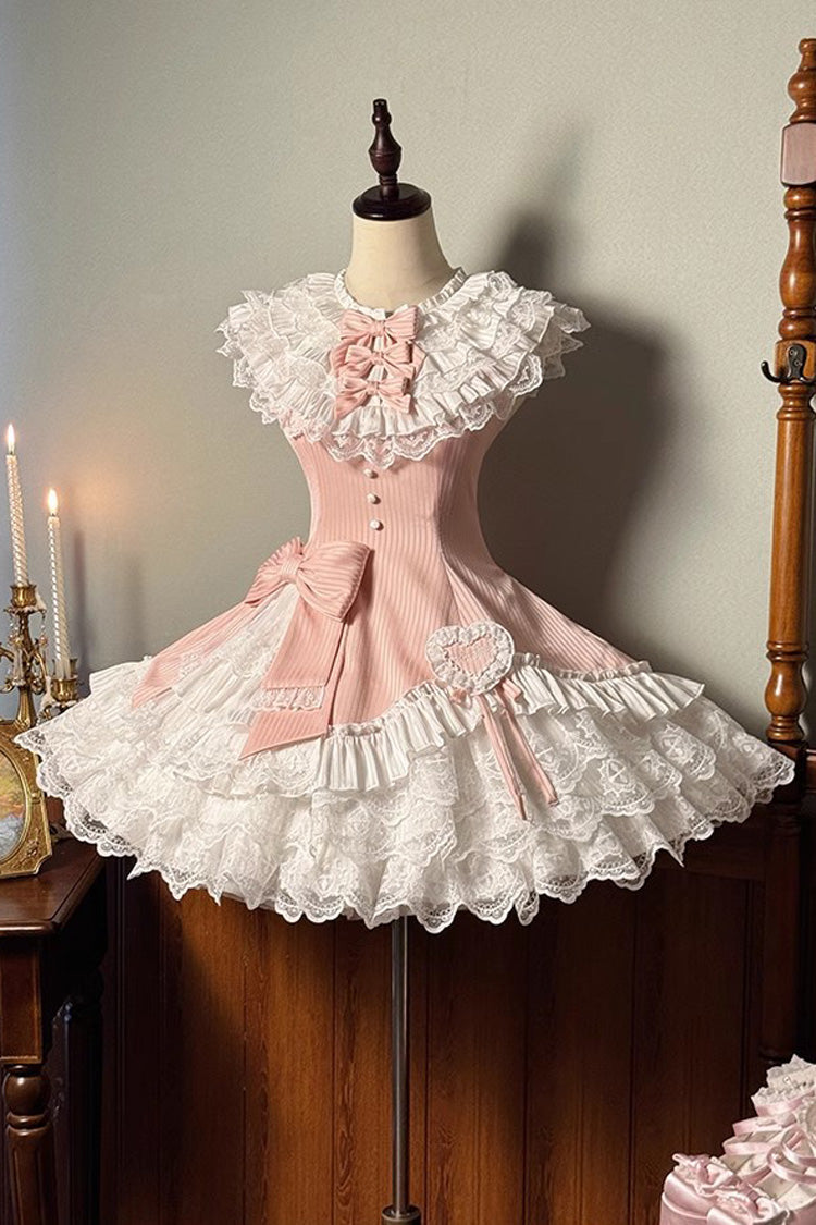 Pink Miss Tsundere Sleeveless Multi-Layered Ruffle Bowknot Lace Asymmetric Sweet Princess Lolita Dress