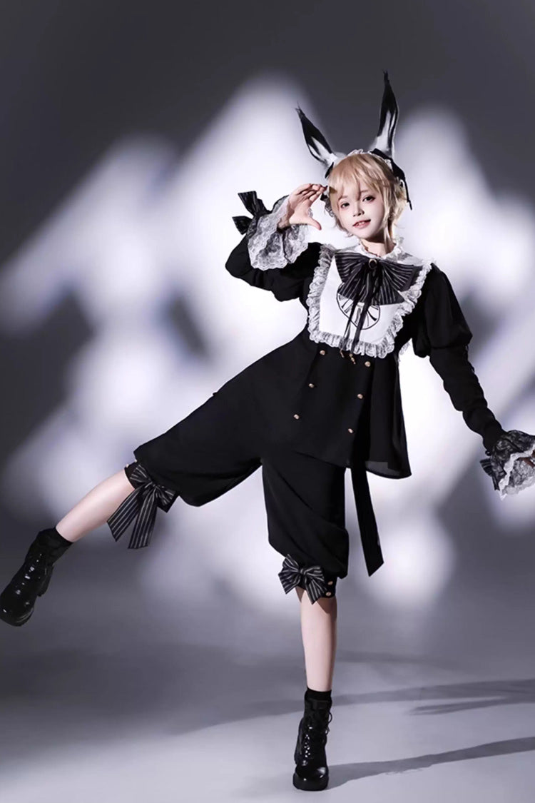 Black/White Rabbit Hole Long Sleeves Bow Gothic Prince Ouji Lolita Set