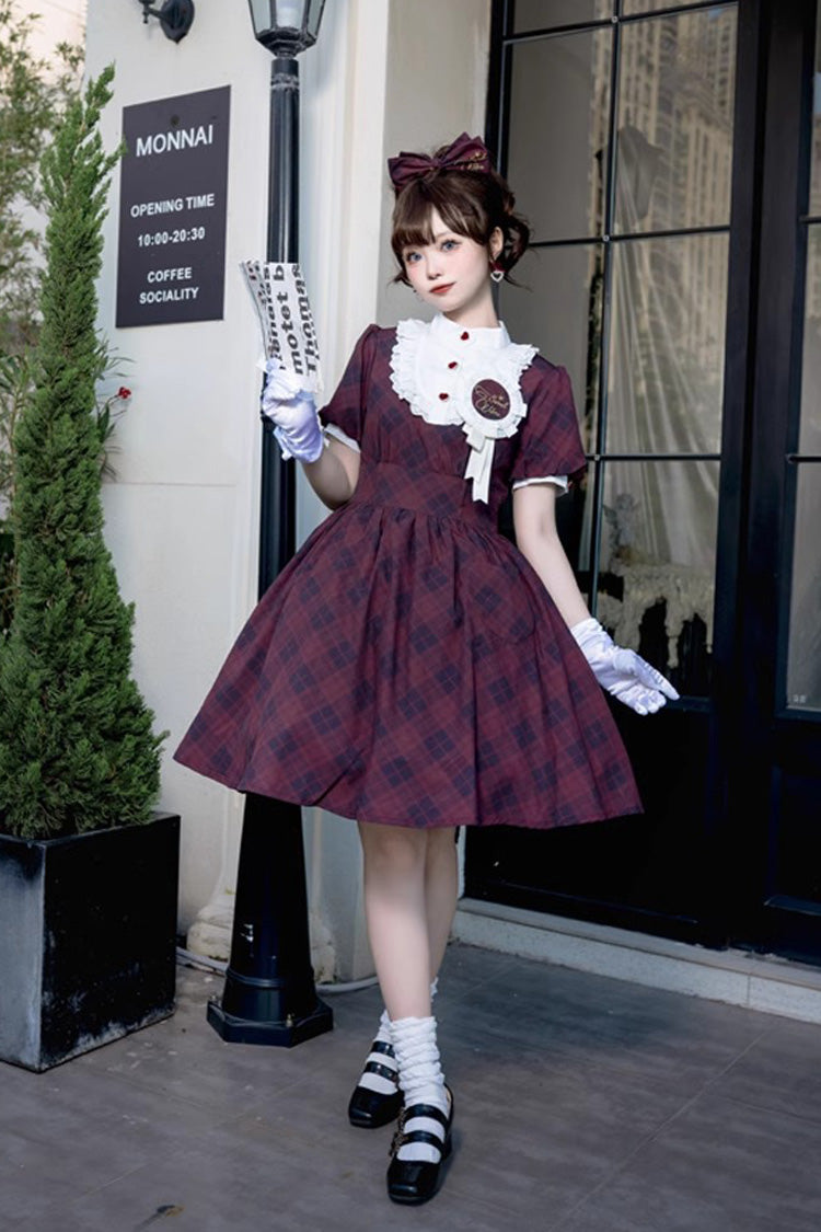 Showa Girls Summer Plaid Print Daily Short Sleeves Classic Princess Lolita Dress 2 Colors