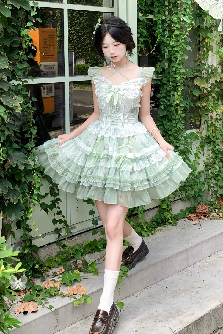 Green Promise of the Blooming Season Print Ruffle Bowknot Lace Sweet Princess Lolita Jsk Dress