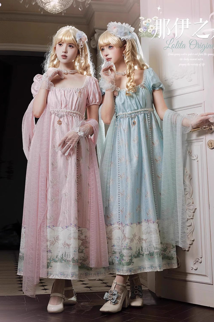 Pink Spring of Nai Square Collar Short Sleeves Print Pearl Sweet Elegant Lolita Dress