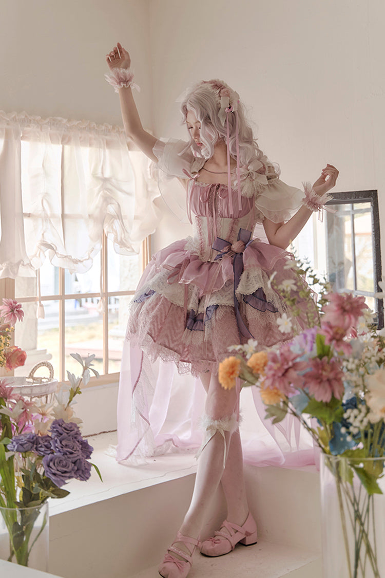 Pink/Purple Rose Memoirs Sleeveless Multi-Layered Bowknot Lace Sweet Lolita Skirt Set