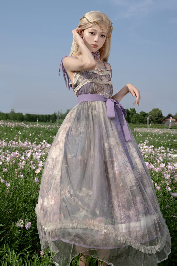 Purple Oil Painting – In the Shade of Blossoming Trees Sleeveless Print Ruffle Bowknot Lace Sweet Lolita Jsk Dress