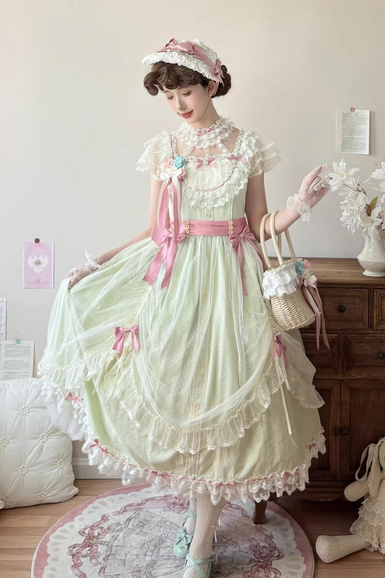 Green Sakura's Spring Resonance Sleeveless Ruffled Bow Sweet Lolita Jsk Dress (Long Version)