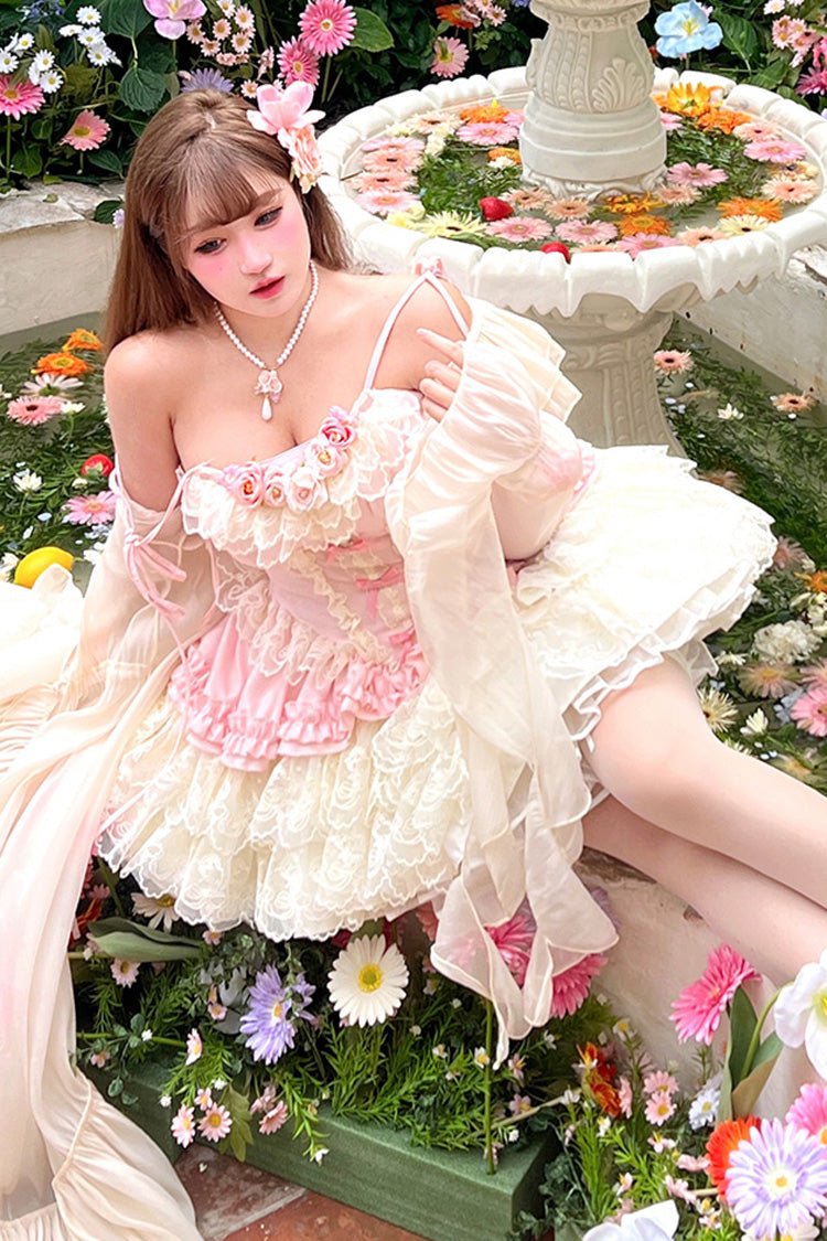 Pink Pure Dream Flower Love Multi-Layered Ruffle Embroidery Bowknot Lace Sweet Lolita Jsk Dress