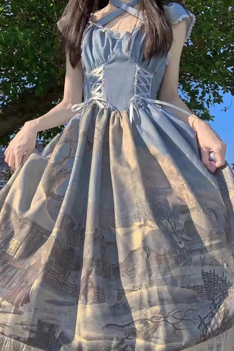 Village Print Ruffle Lace Off Shoulder Elegant Princess Sweet Lolita Jsk Dress 2 Colors