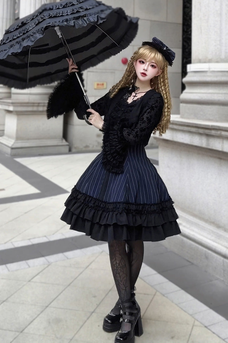 Escape Double-Layered Jacquard Striped Printed Ruffled Slim Gothic Lolita Jumper Dress 3 Colors