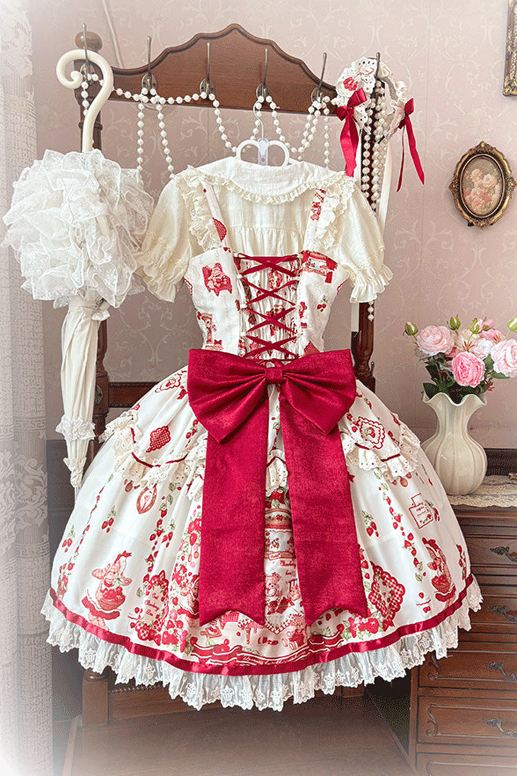 Ivory/Red Strawberry Bear Sleeveless Print Ruffle Embroidery Bowknot Lace Sweet Lolita Jsk Dress