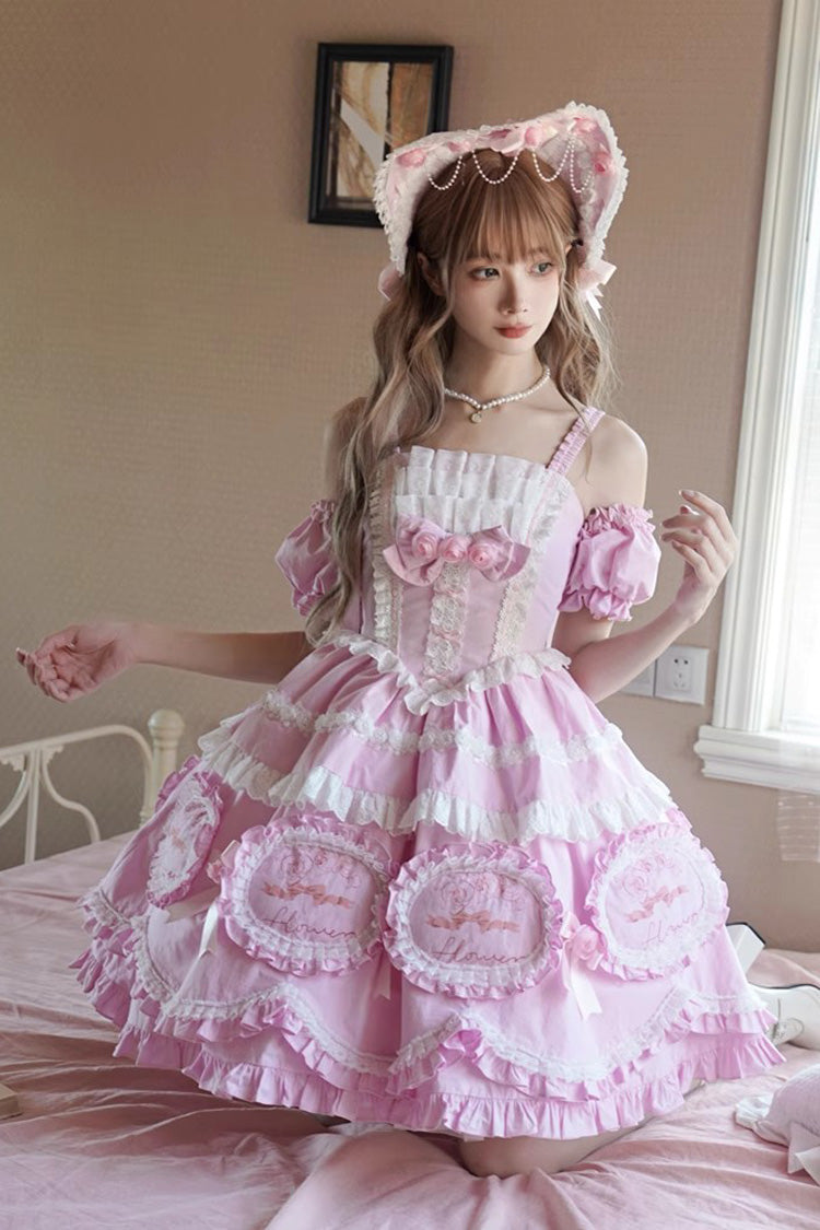 Pink Butterfly Dream Multi-Layered Print Ruffle Bowknot Sweet Princess Lolita Jsk Dress