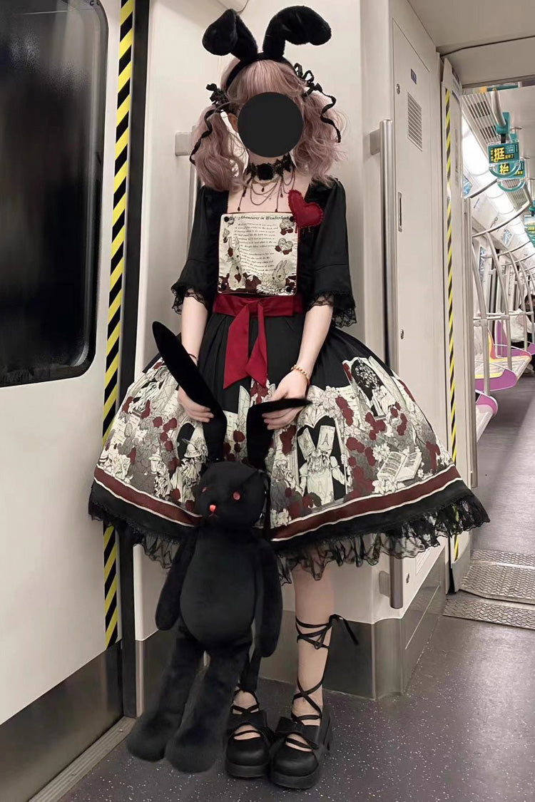 Black Alice of the Asylum Print Bowknot Lace Gothic Lolita Dress 2 Versions