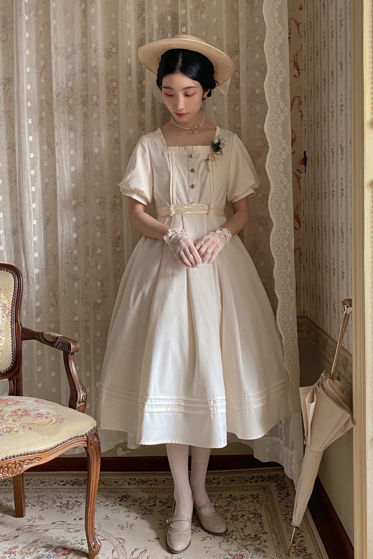 Apricot Random Thoughts Square Collar Short Sleeves Ruffle Classic Vintage Elegant Lolita Dress