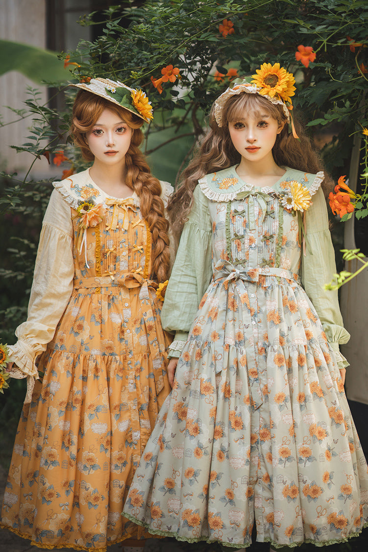 Green Gardening Sunflower Sleeveless Print Ruffle Bowknot Sweet Elegant Lolita Jsk Dress