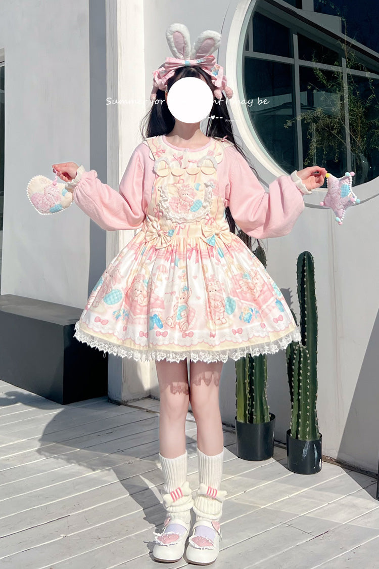 Kawaii Bears Print Yellow Bowknot Stitching Lace Sweet Lolita Strap Dress