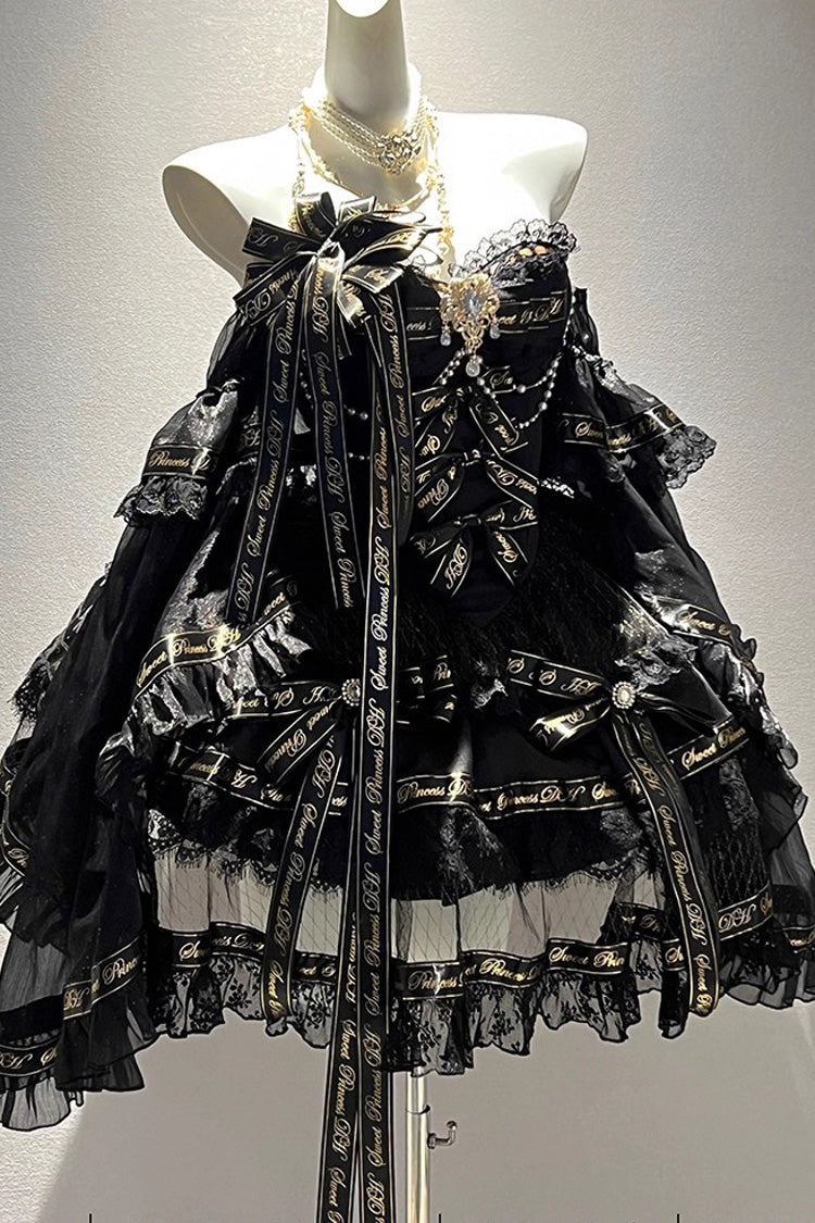 Black Golden Obsidian Night Sleeveless Double-Layered Ruffle Bowknot Pearl Gothic Princess Lolita Dress