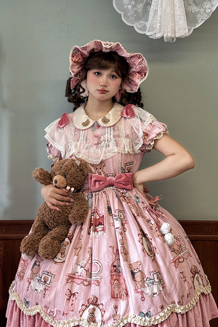 Pink Bear Doll Wall Print Short Sleeves Ruffle Embroidery Bowknot Sweet Lolita Dress