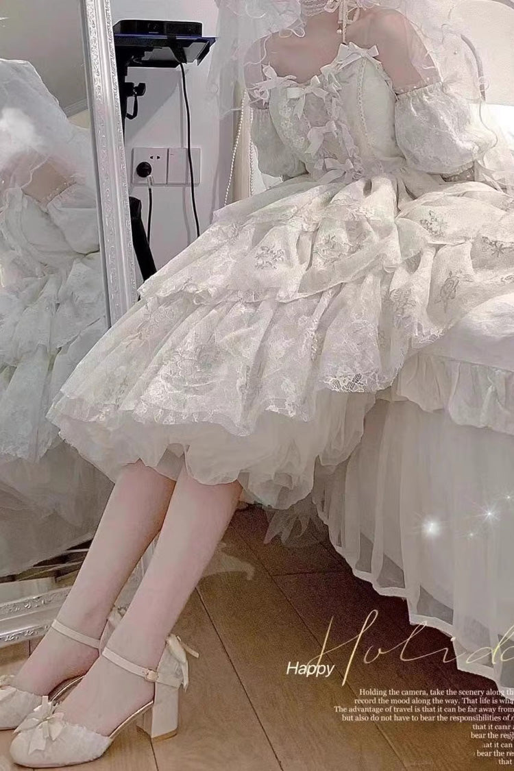 White Short Sleeves Multi-layer Print Hanayome Bowknot Sweet Princess Lolita Strapless Dress