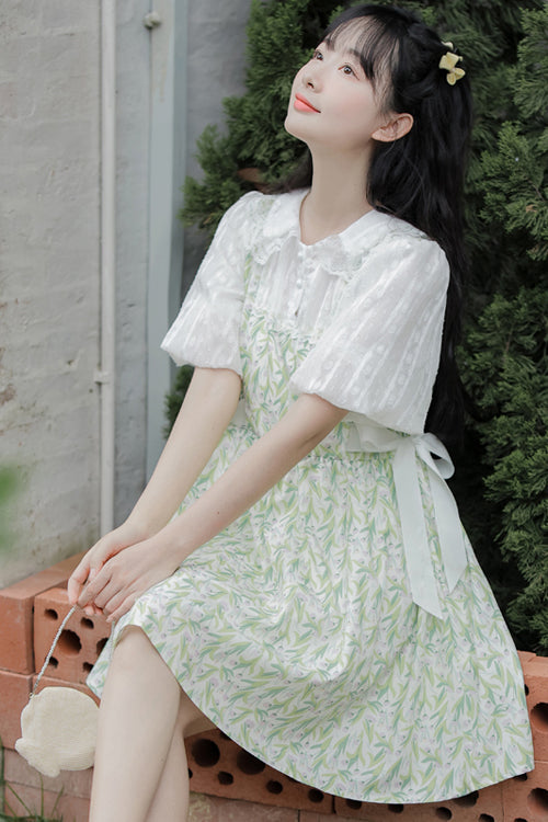 Green Doll Collar Puff Short Sleeve Chiffon Floral Print High Waisted Sweet Lolita Dress