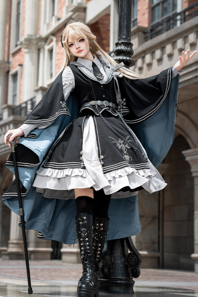 Black/Blue Dark Knight Contract Print Ruffle Gothic Military Elegant Lolita Skirt