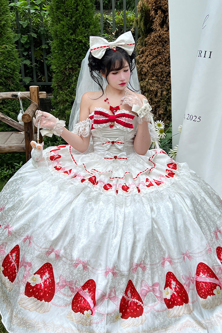 White True Love Strawberry Print Off Shoulder Sleeveless Ruffle Bowknot Lace Sweet Princess Lolita Dress Set