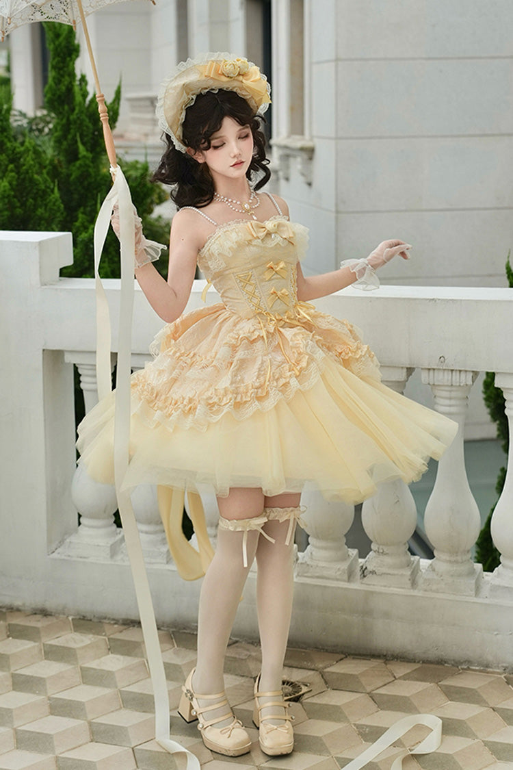 Yellow Sissi's Pilgrimage Off Shoulder Ruffle Bowknot Lace Sweet Lolita Skirt (Short Version)