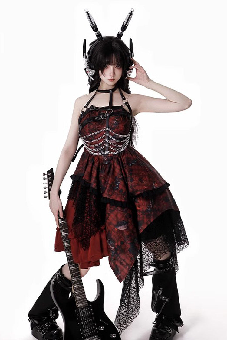 Red Strawberries of Blood and Tears Sleeveless Print Ruffle Bowknot Lace Asymmetric Gothic Lolita Jsk Dress