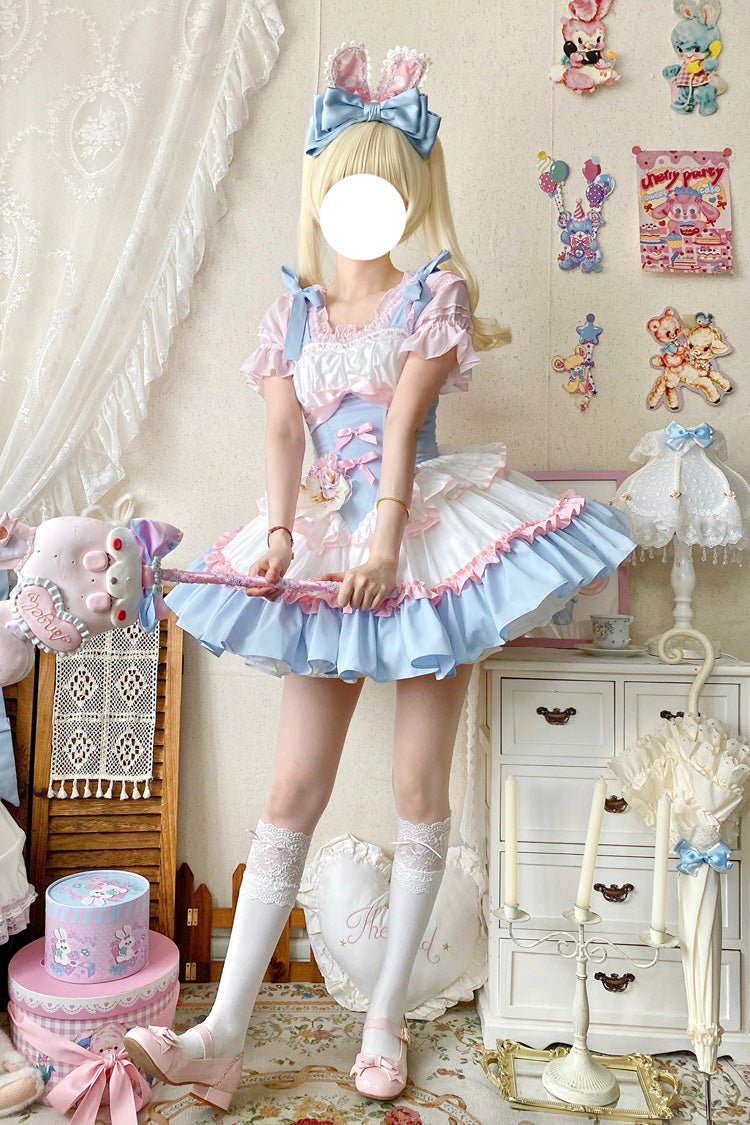 Light-Blue/Pink/White Fairy Tale Overture Triple-Layered Ruffle Bowknot Fishbone Sweet Ballet Lolita Dress