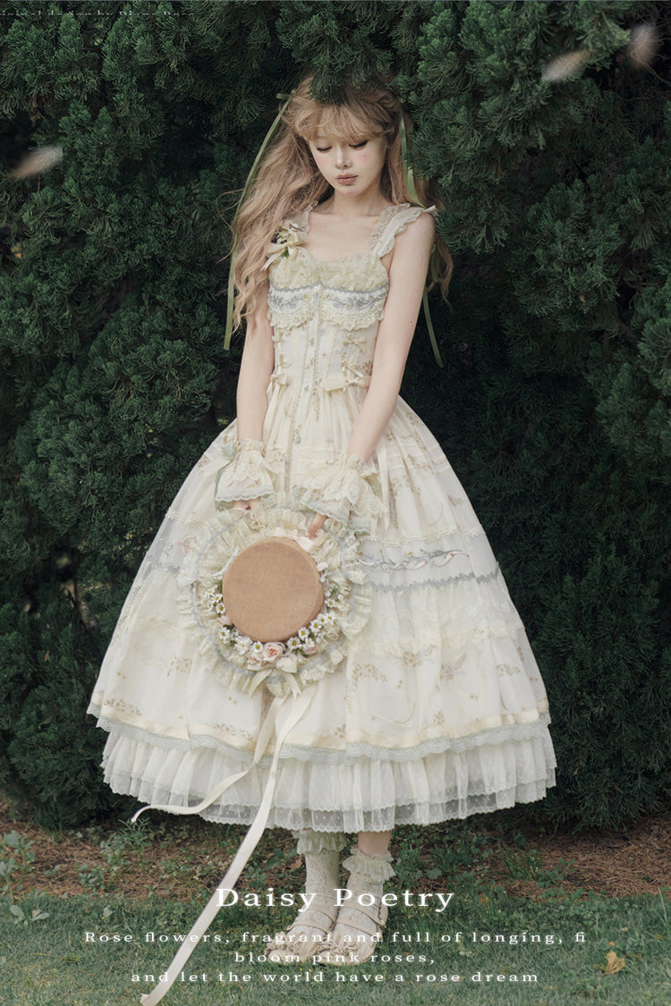 Multi-Color Daisy Poetry Print Ruffle Hollow Embroidery Lace Sweet Elegant Princess Lolita Jsk Dress