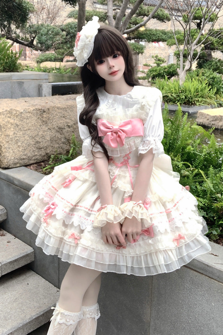 Apricot/Pink Prelude to Spring Song Sleeveless Multi-Layered Ruffle Bowknot Lace Sweet Princess Ballet Lolita Jsk Dress