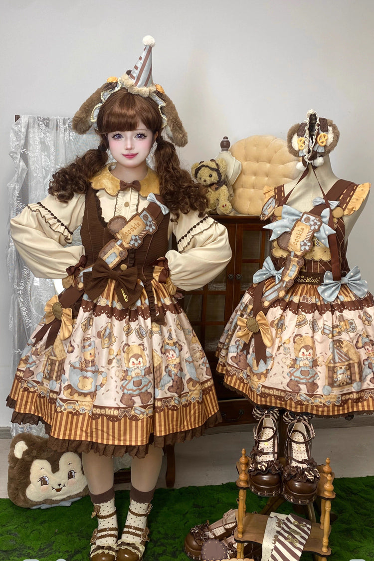 Bear Cookies Print Ruffle Bowknot Sweet Lolita JSK Dress 2 Colors