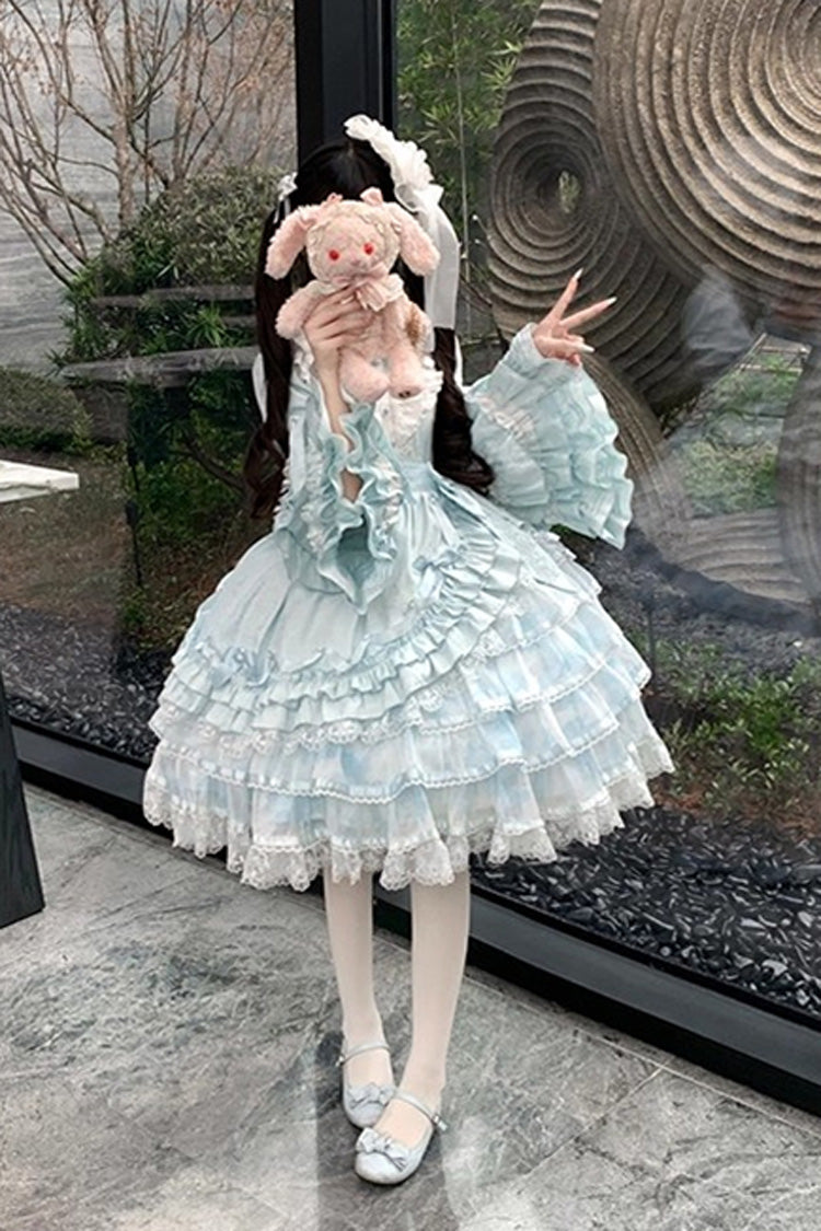 Blue The Soloist Doll Long Hime Sleeves Multi-Layered Print Ruffle Bowknot Asymmetric Sweet Lolita Dress