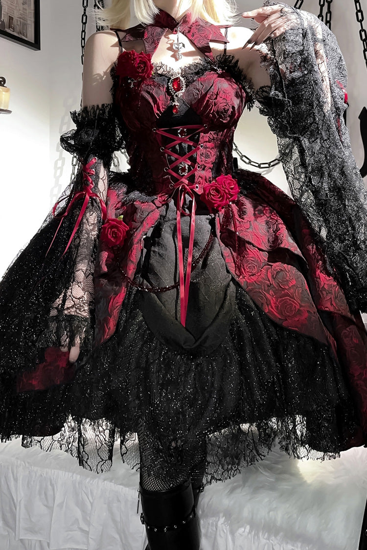 Black/Red Weeping Rose Jacquard Print Ruffle Cardigan Bowknot Lace-Up Gothic Lolita Dress