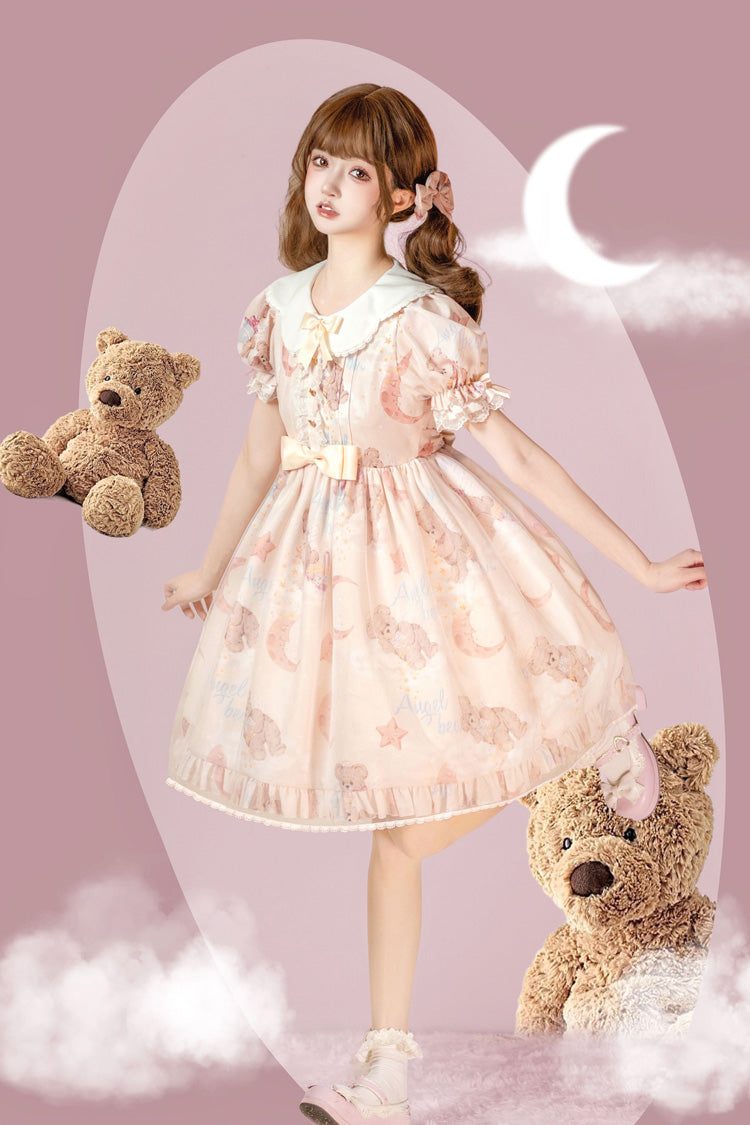 Star Wishing Bear Print Short Sleeves Bowknot Sweet Lolita Dress 2 Colors