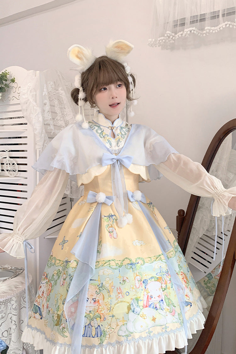 Multi-Color Fairy Rabbit Print Ruffle Bowknot Sweet Chinese Style Princess Lolita Dress