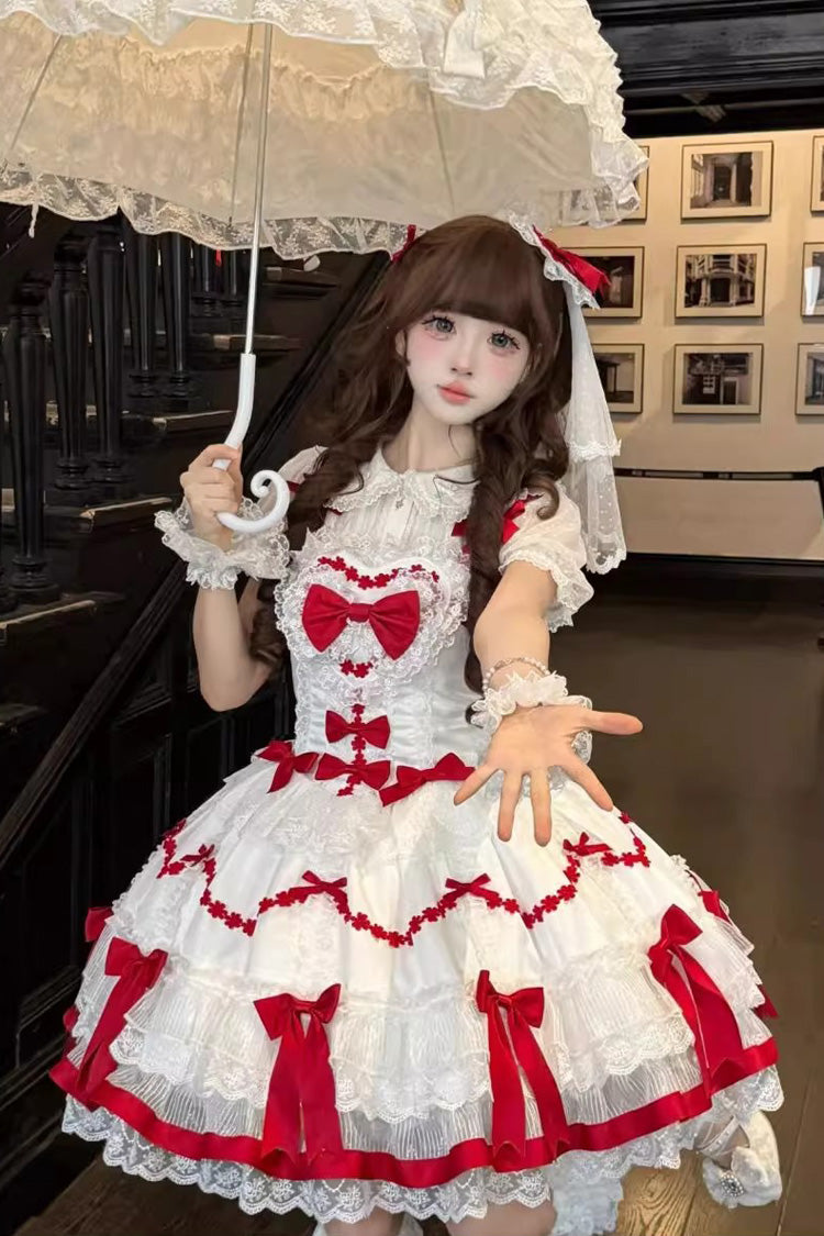Red/White Scarlet Heart Cocoa Sleeveless Triple-Layered Ruffle Embroidery Bowknot Lace Sweet Lolita Jsk Dress