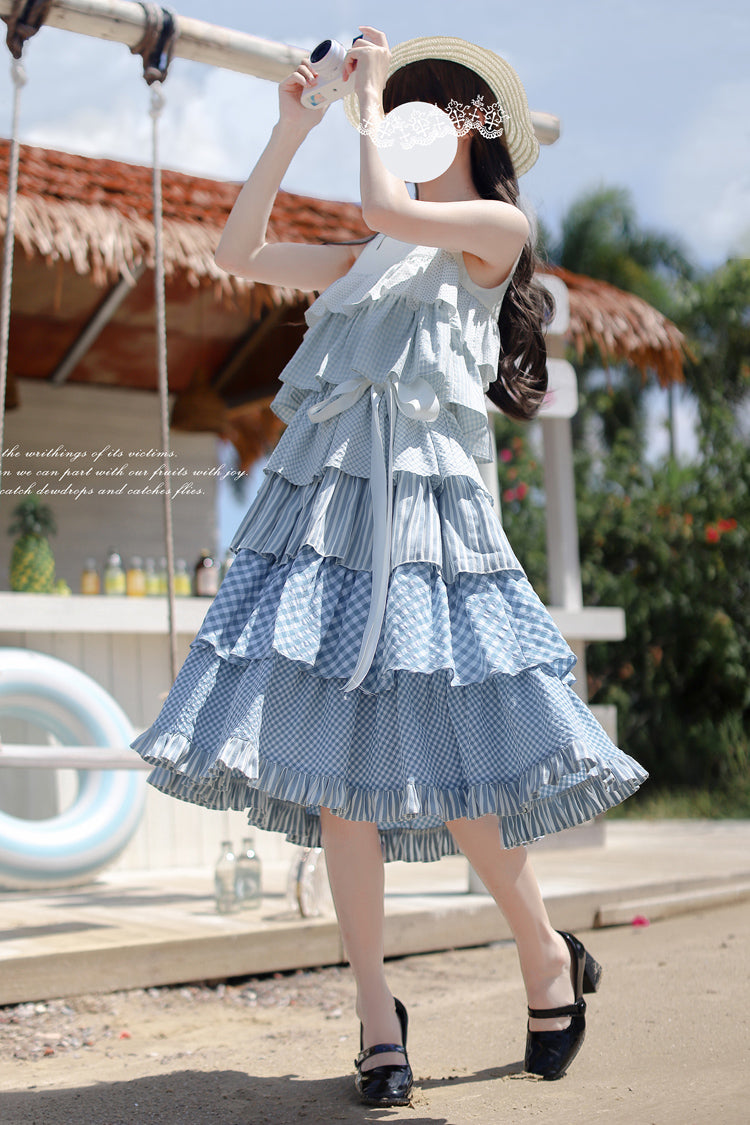 Blue Go To The Beach Multi-Layered Print Ruffle Holiday Sweet Lolita Jsk Dress