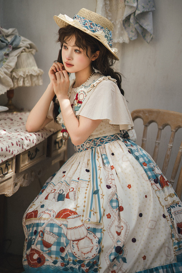 Blue/Green Tea Party Print Ruffle Bowknot Lace Sweet Elegant Lolita Jsk Dress